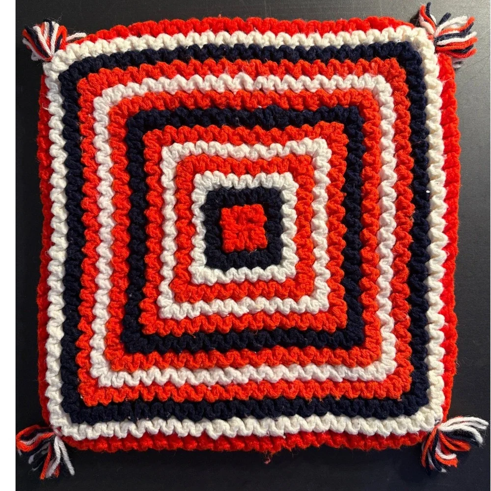 Vintage Handmade Crochet Pillow Covers Pair Red White Blue Buffalo Bills 17.5
